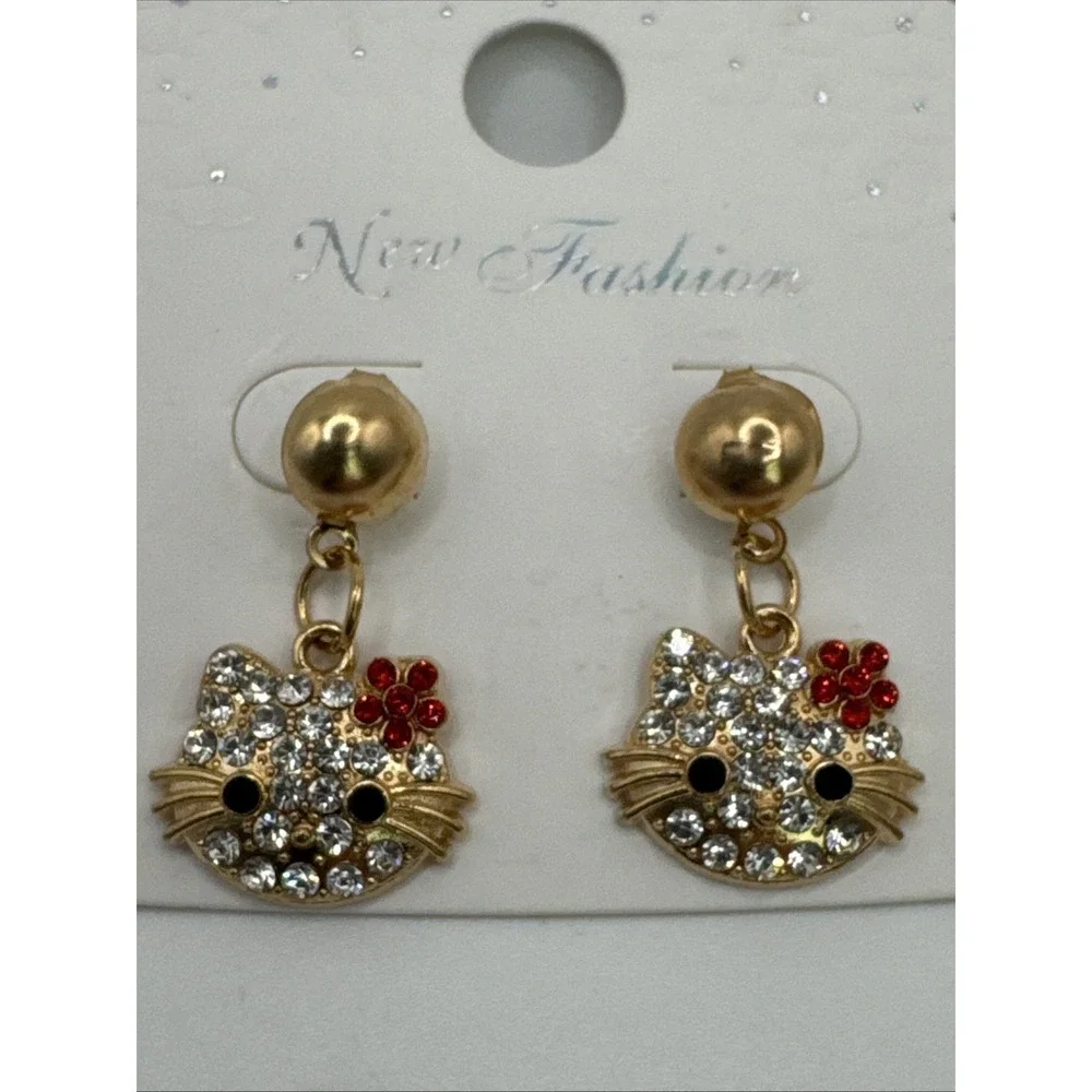 HELLO‎ KITTY Gold-Tone Rhinestone Dangle Earrings NEW